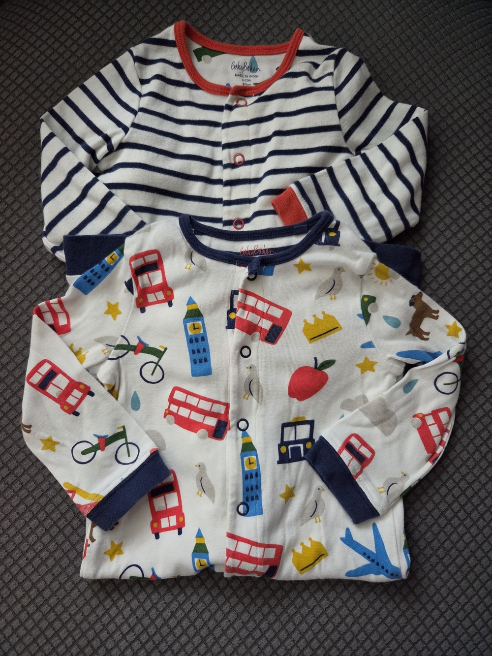 Baby Boden Long Sleeve One Piece Set Of 2 Navy Striped & Multicolor London Print